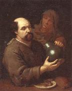 unknow artist A man seated at a table holding a flagon,a servant offering him a glass of wine painting